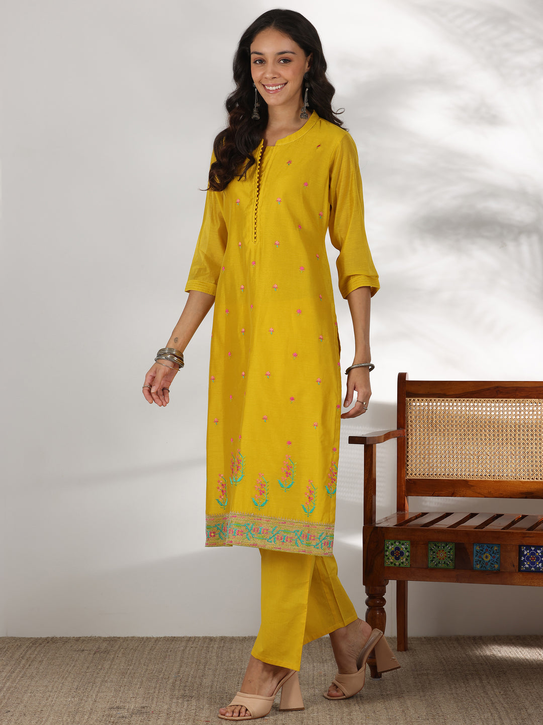 Yellow Embroidered Chanderi Silk Straight Suit With Dupatta