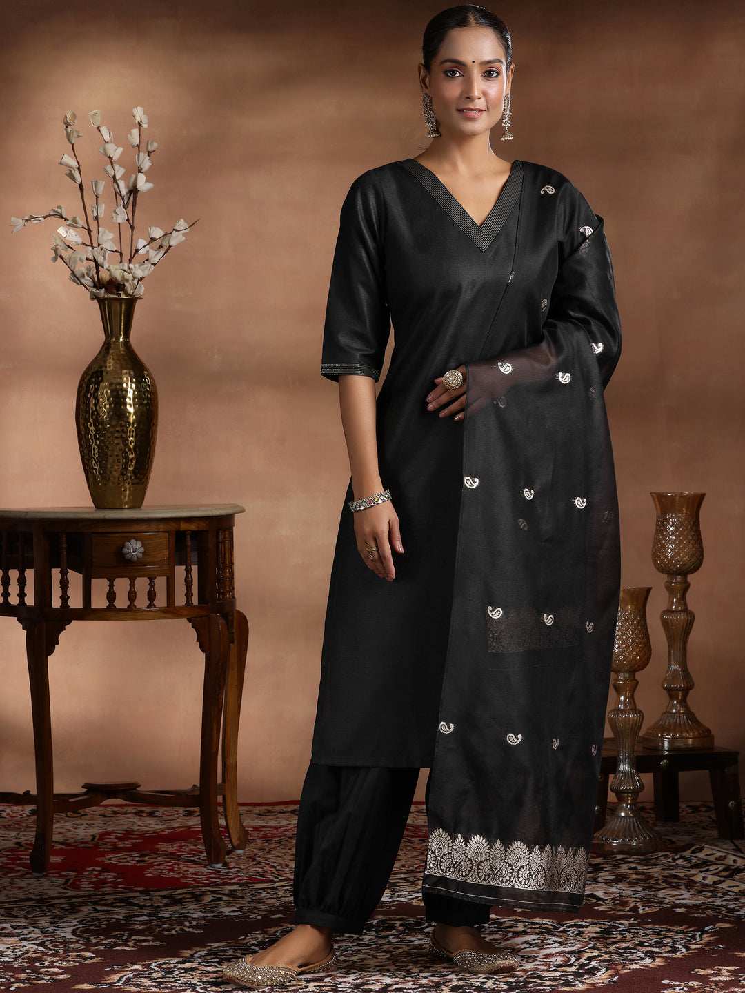 Black Solid Cotton Blend Straight Suit With Dupatta