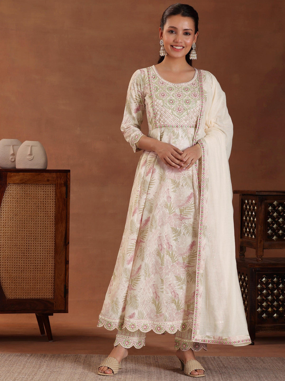 Pink Embroidered Pure Cotton A-line Kurta With Trousers & Dupatta
