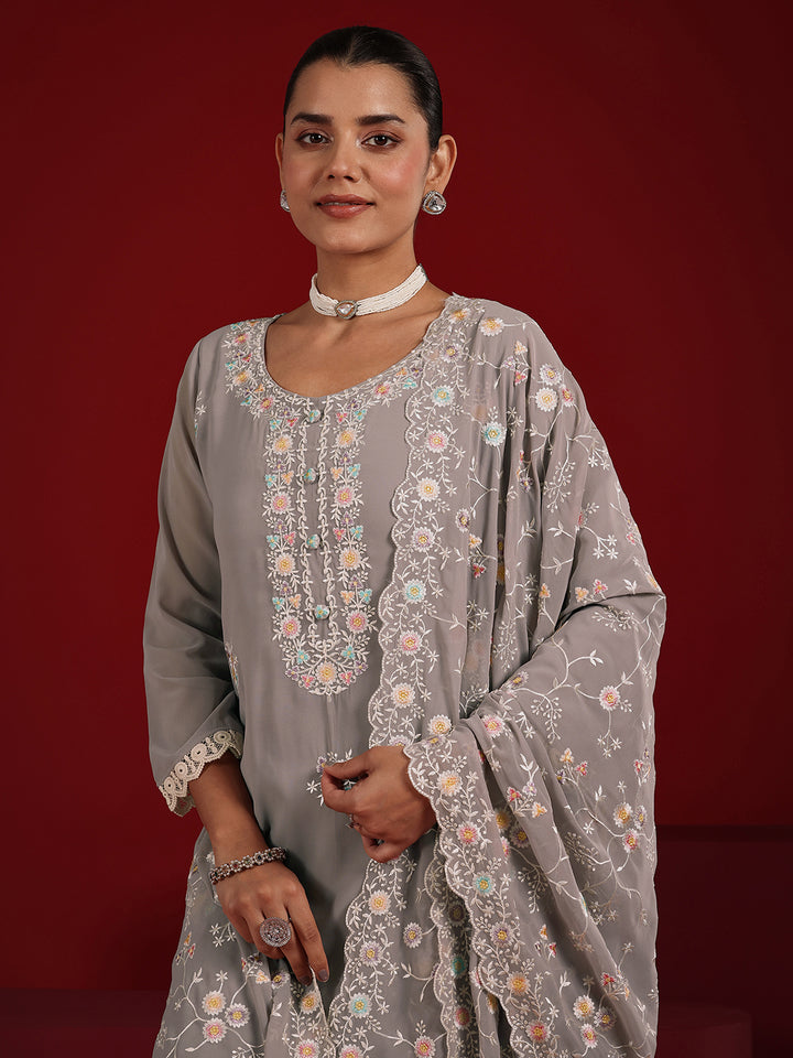 Libas Art Mauve Embroidered Georgette Straight Suit Set With Dupatta