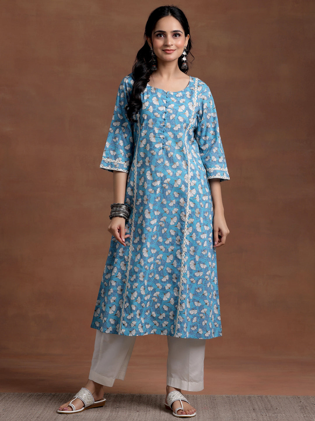 Blue Printed Cotton A-Line Kurta