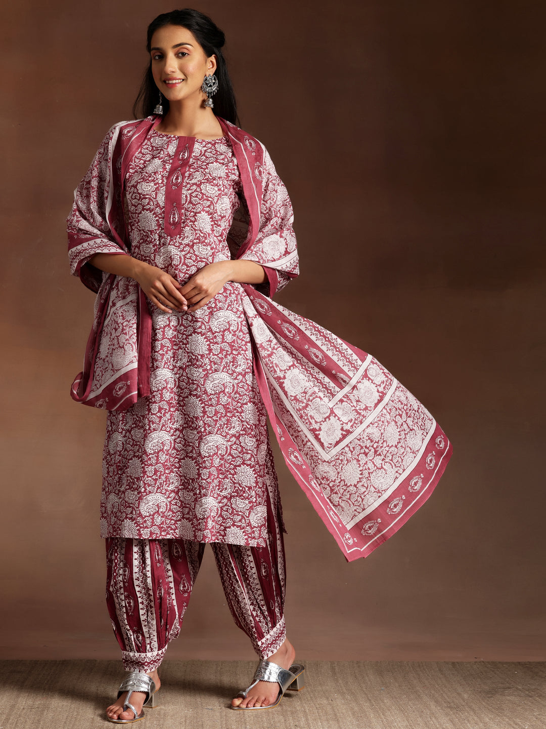 Wine Printed Cotton Straight Suit With Dupatta