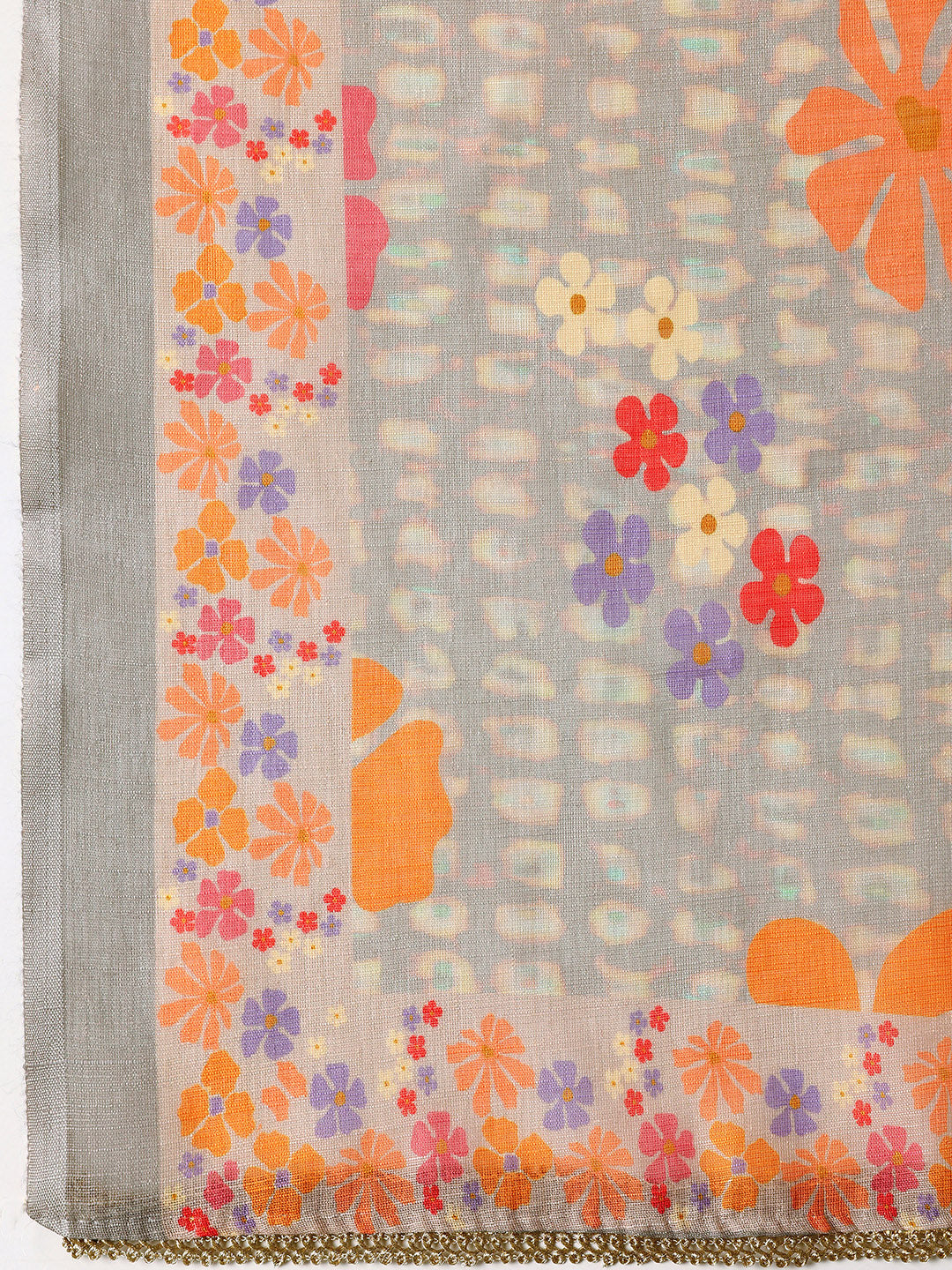 Grey Printed Cotton Blend Dress Material With Dupatta