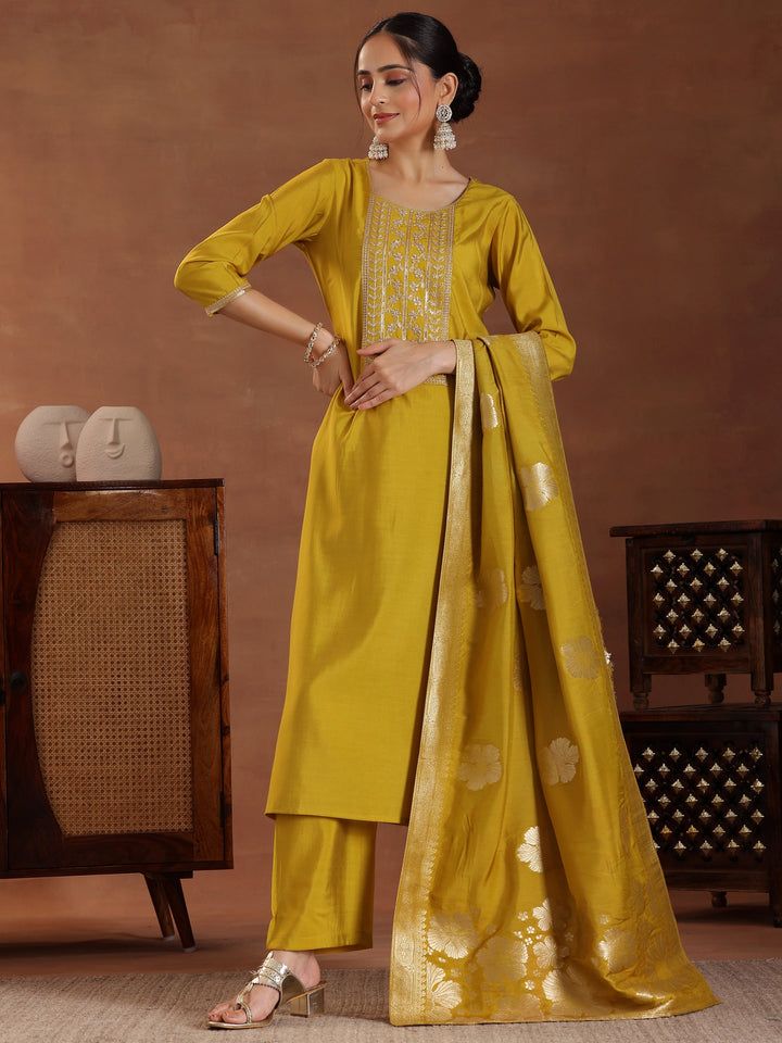 Mustard Yoke Design Silk Blend Straight Suit With Dupatta