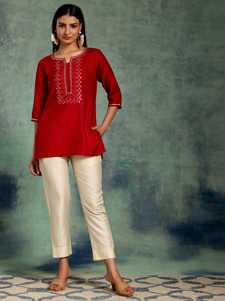 Hot Pink Yoke Design Silk Blend Straight Kurti