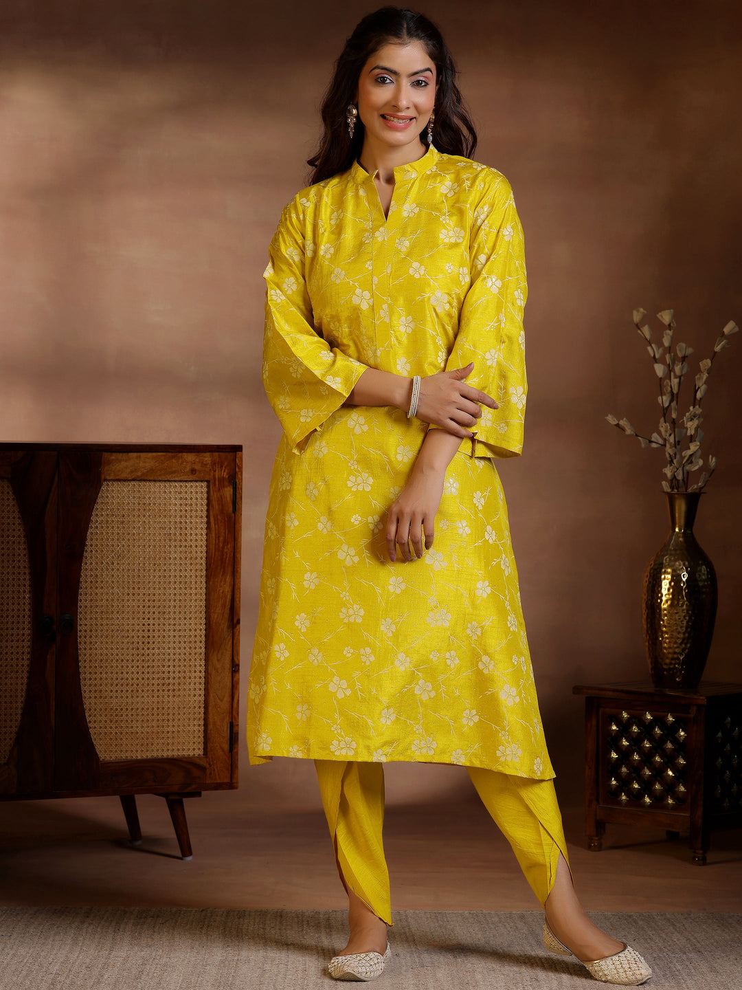 Mustard Printed Silk Blend Straight Kurta Set