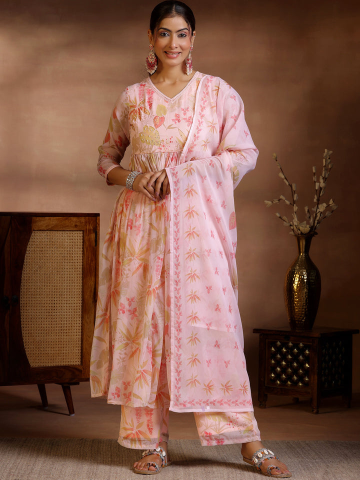 Pink Printed Poly Chiffon A-Line Kurta With Palazzos & Dupatta