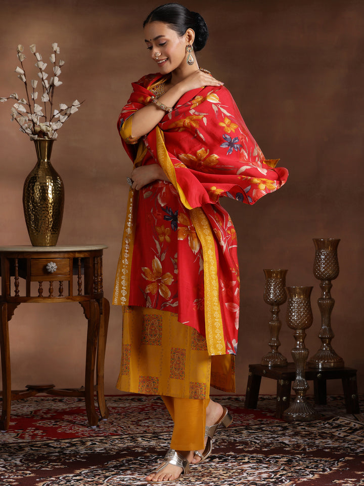 Mustard Printed Silk Blend Straight Suit With Dupatta
