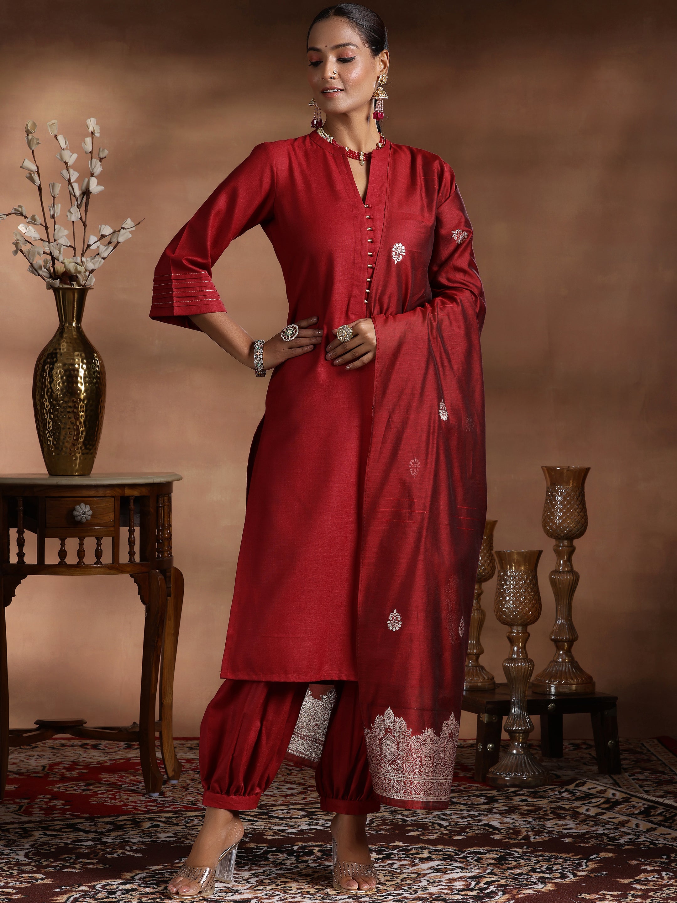 Plus Size Maroon Solid Cotton Blend Straight Suit With Dupatta