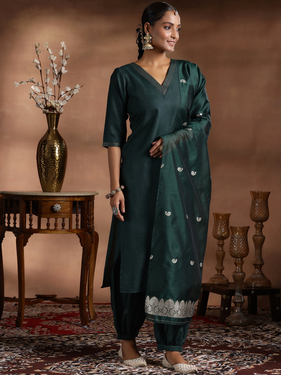 Green Solid Cotton Blend Straight Suit With Dupatta