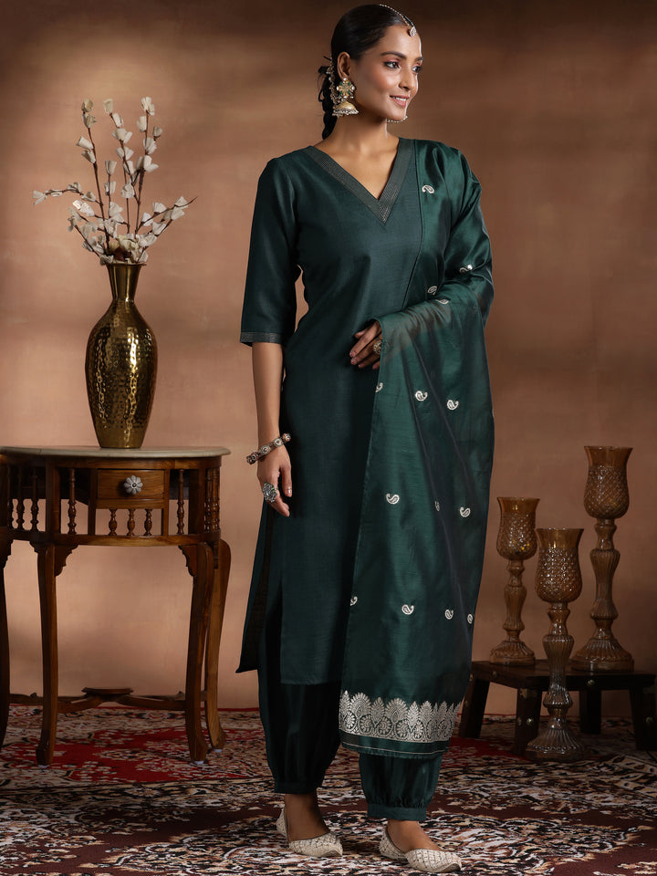 Green Solid Cotton Blend Straight Suit With Dupatta