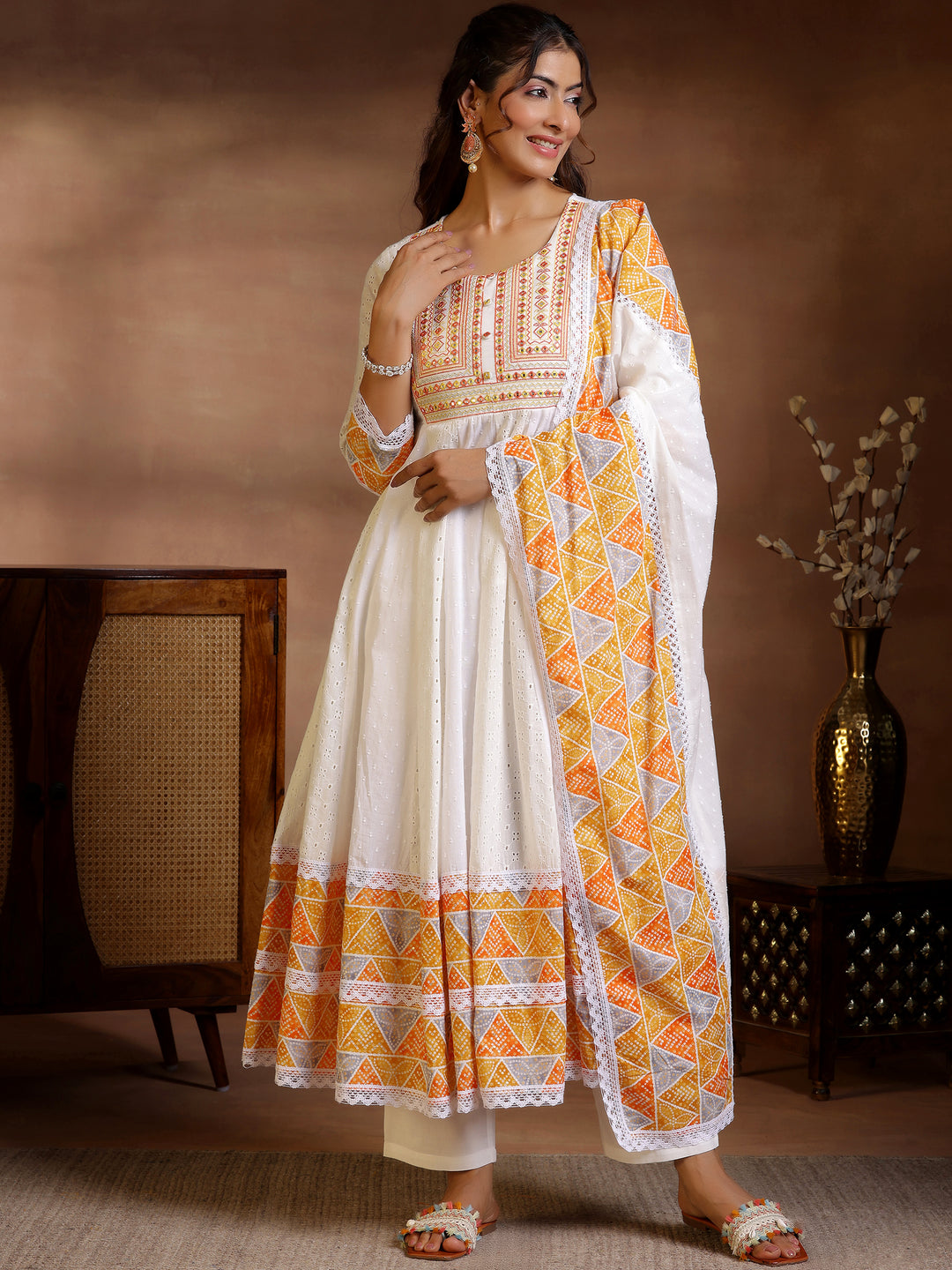 White Self Design Cotton Anarkali Suit With Dupatta