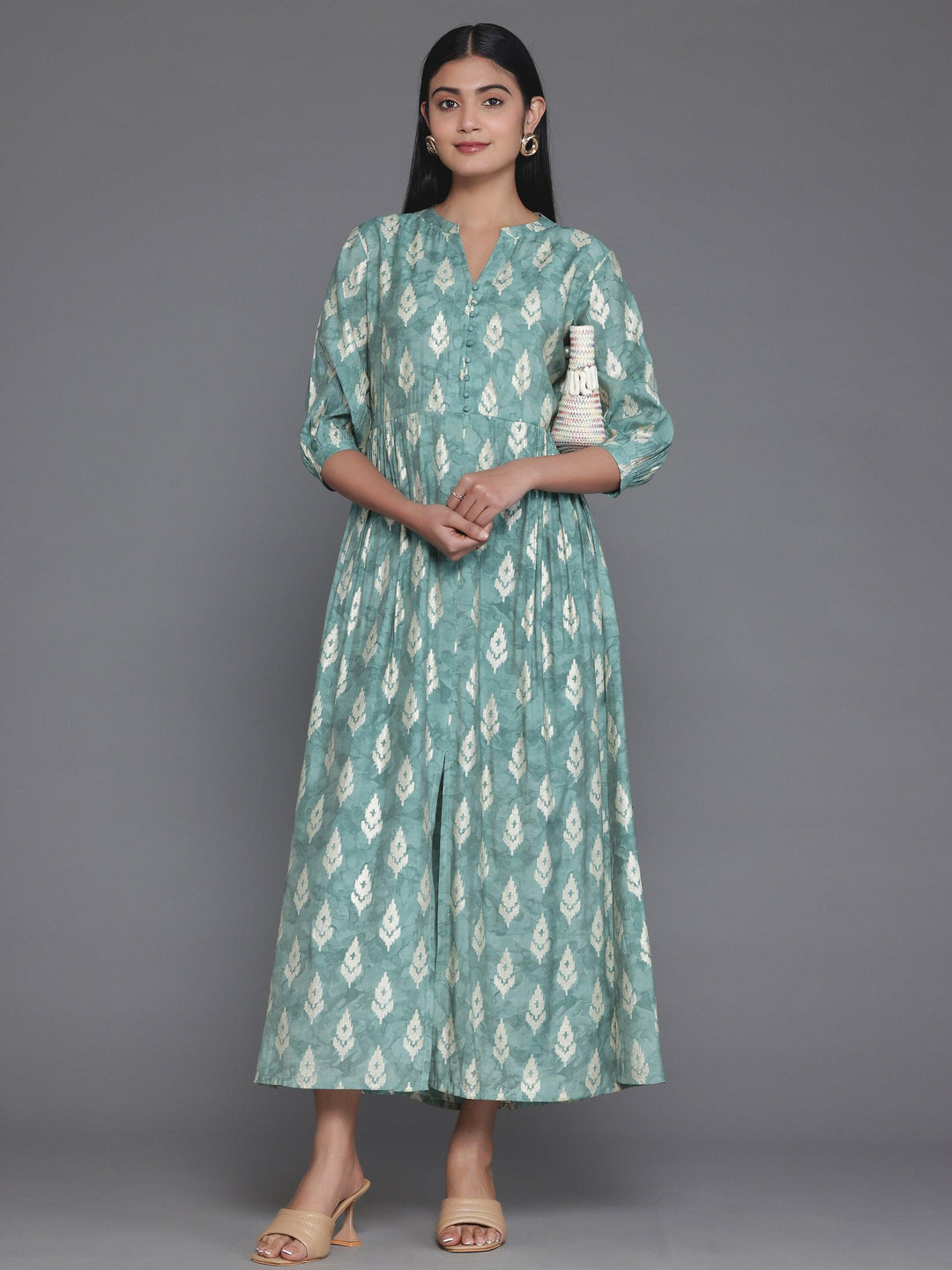 Green Printed Silk Fit and Flare Dress