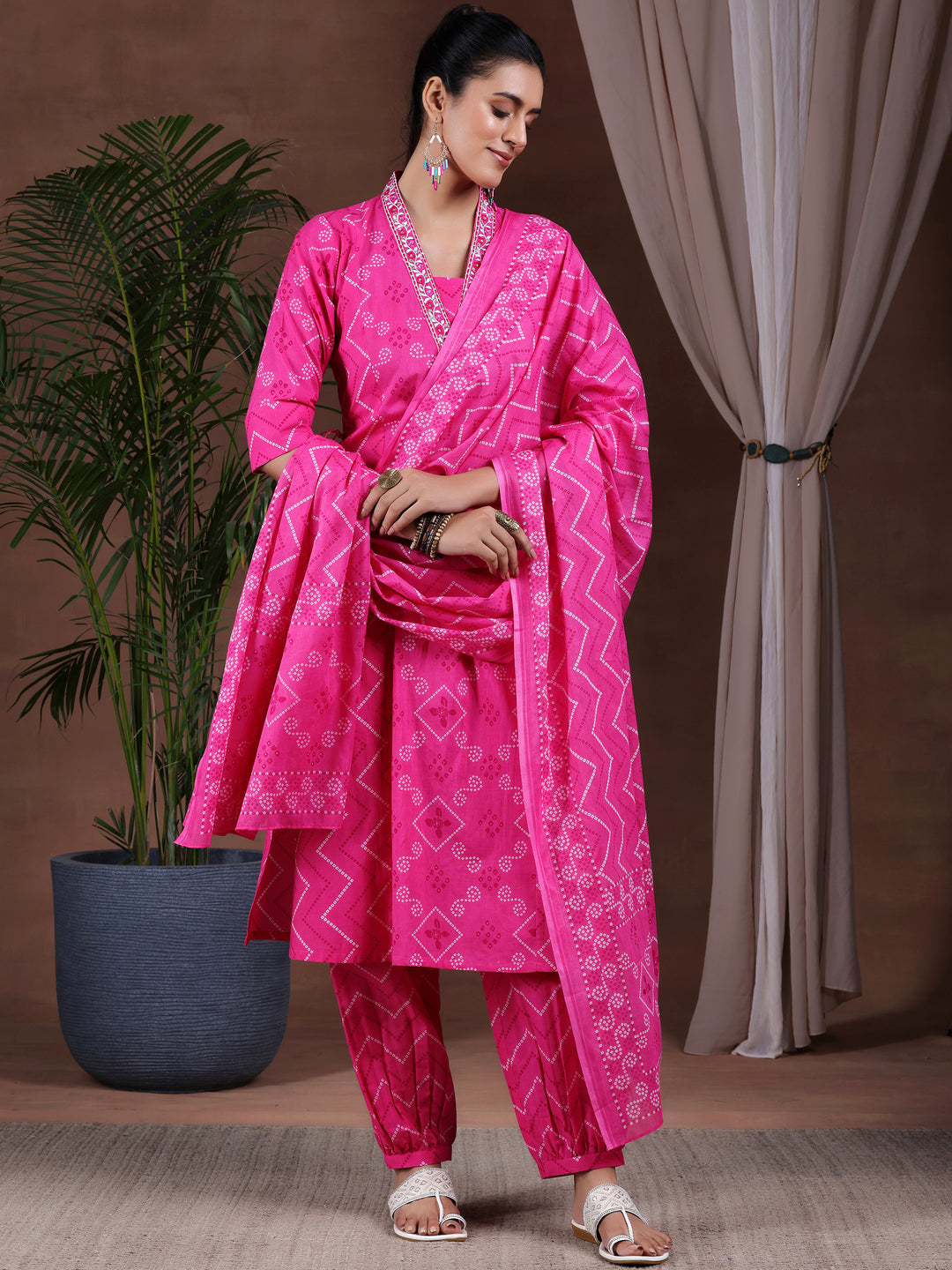 Pink Printed Cotton A-Line Kurta With Salwar & Dupatta