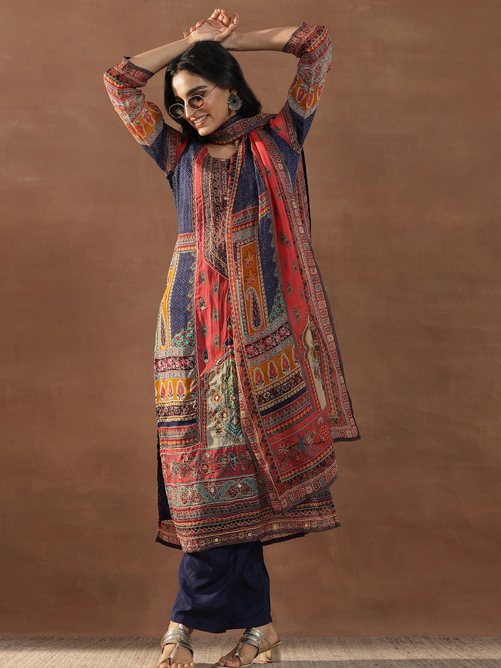 Multicoloured Printed Organza Straight Suit Set With Dupatta