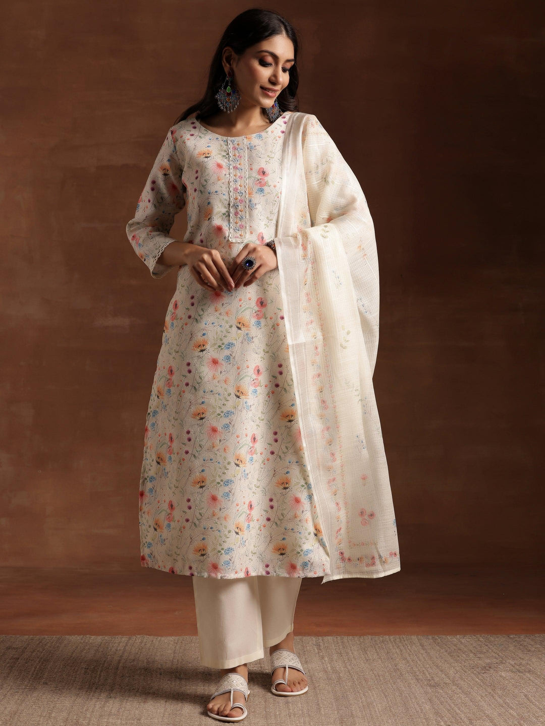 Cream Printed Cotton Straight Suit With Dupatta