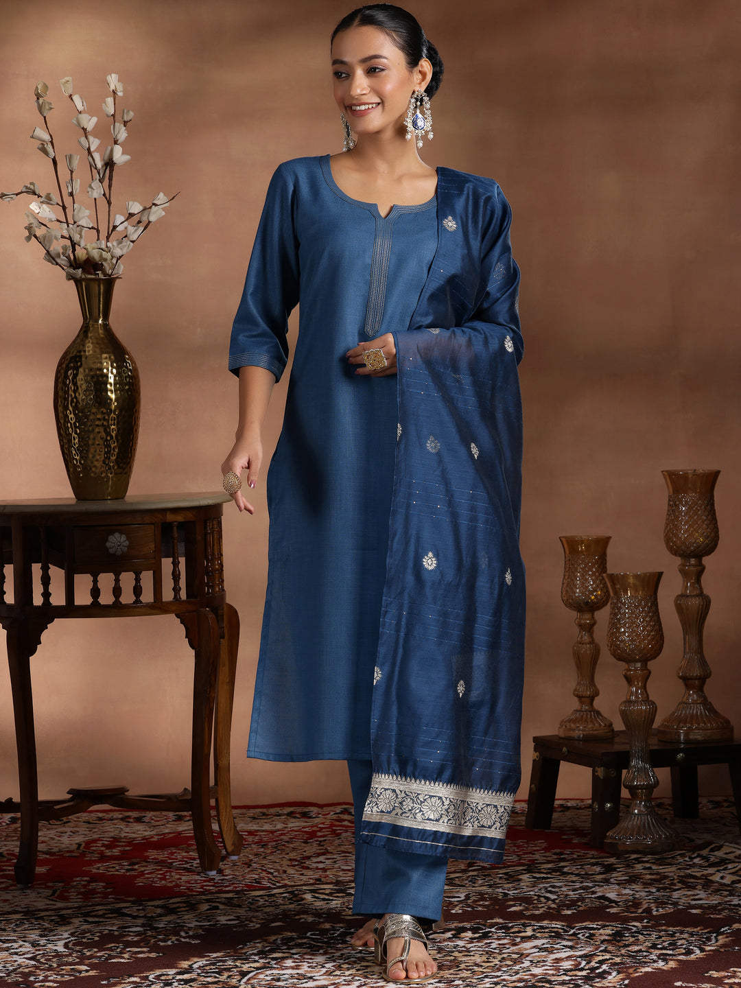 Teal Solid Cotton Blend Straight Suit With Dupatta