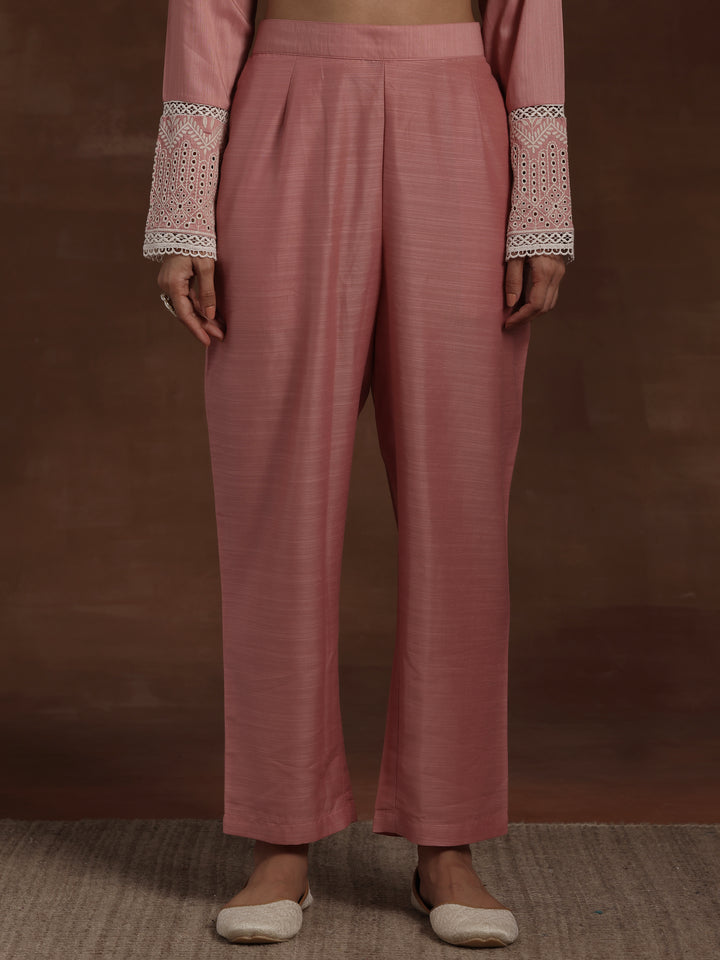 Pink Embroidered Silk Blend Straight Suit With Dupatta