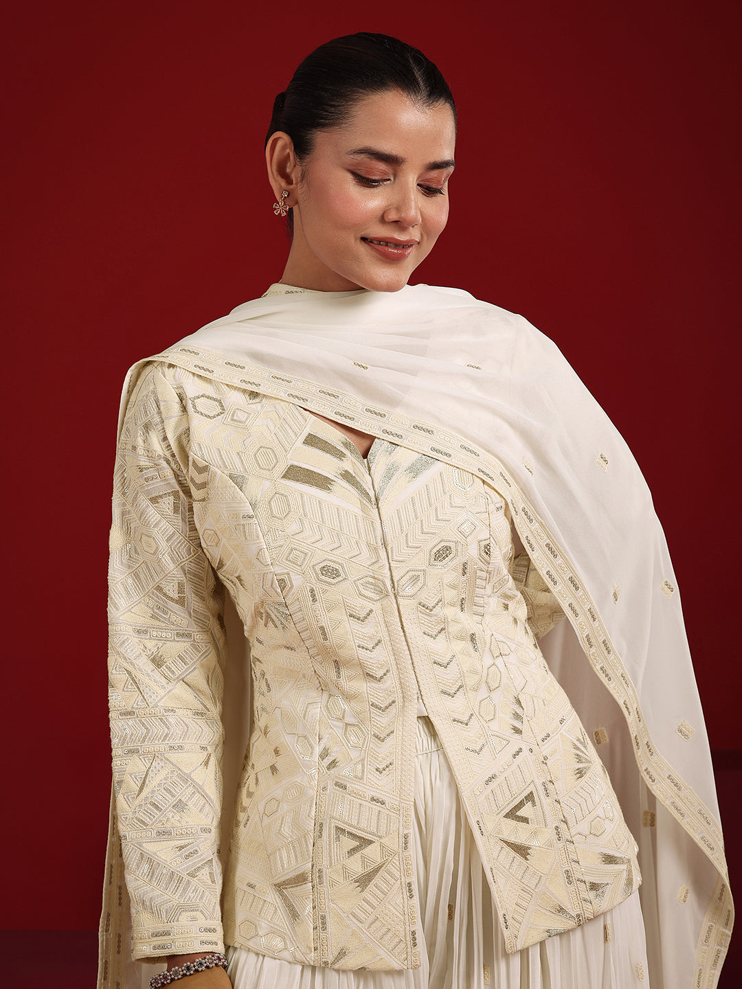 Libas Art Off White Embroidered Georgette A-Line Suit Set With Dupatta