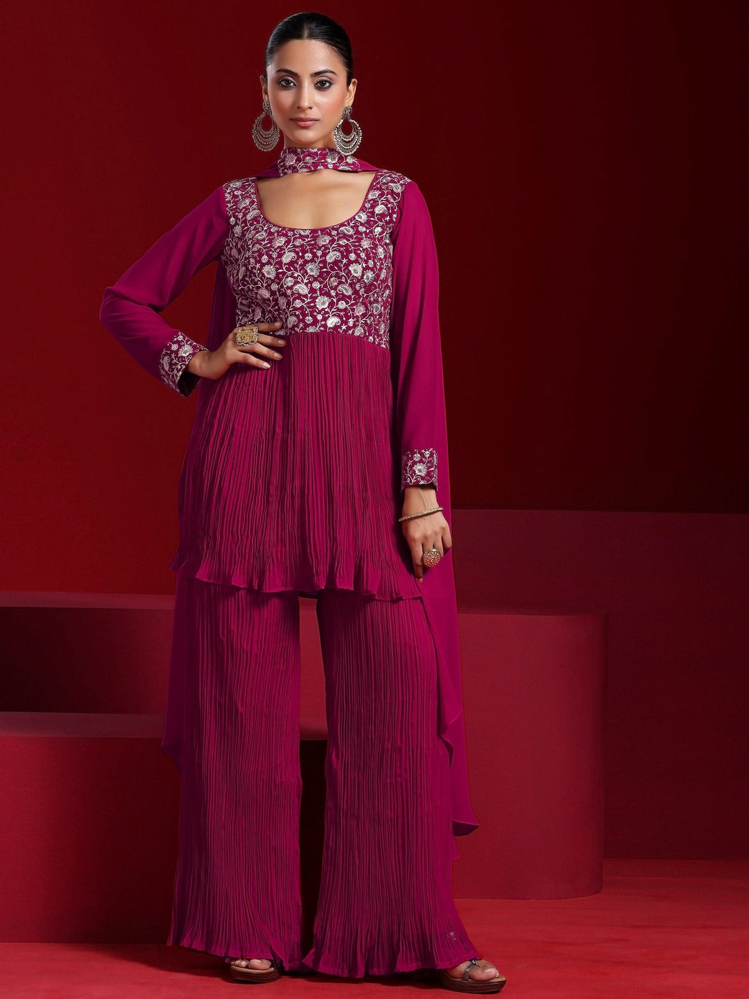 Libas Art Pink Embroidered Georgette A-Line Kurta With Sharara & Dupatta