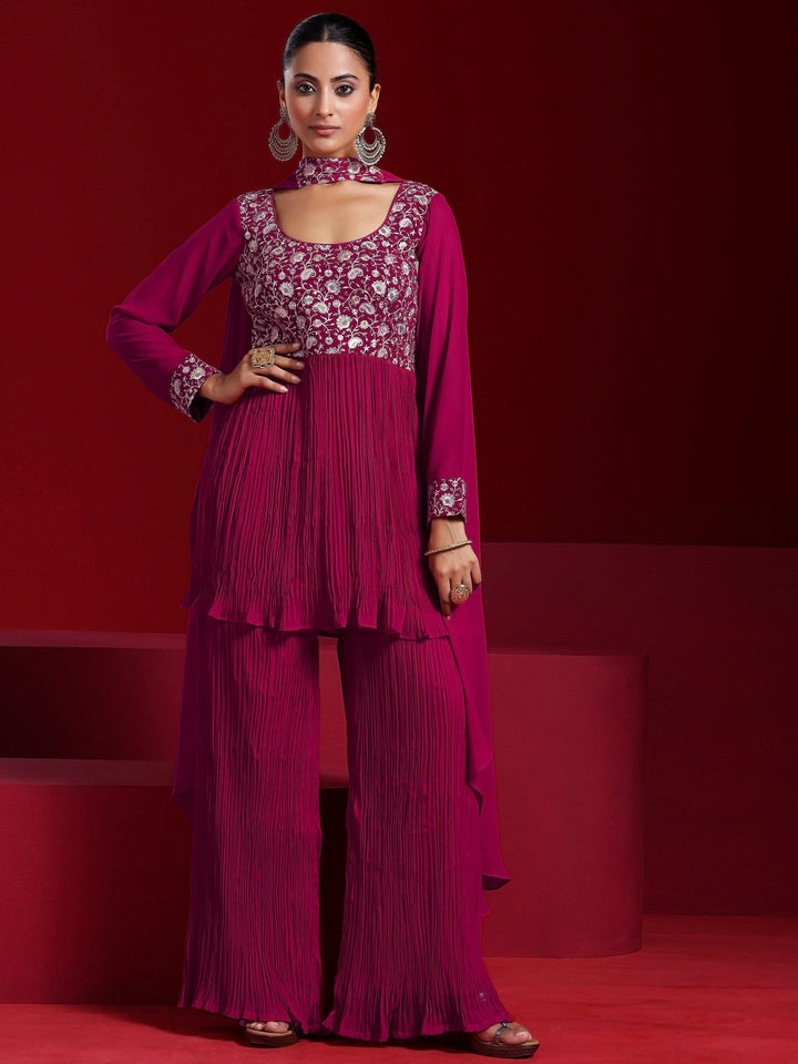 Libas Art Pink Embroidered Georgette A-Line Kurta With Sharara & Dupatta