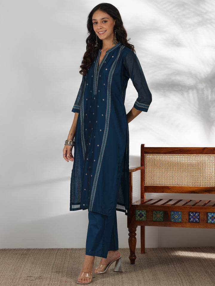 Teal Woven Design Chanderi Silk Straight Suit With Dupatta