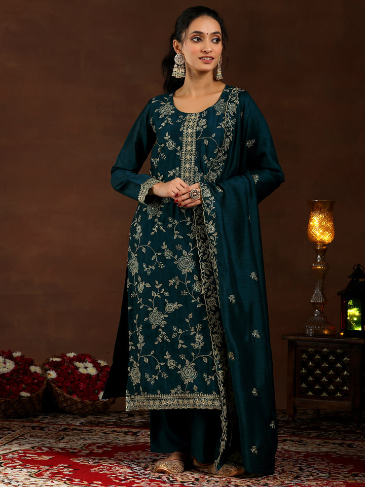 Teal Embroidered Silk Blend Straight Suit With Dupatta