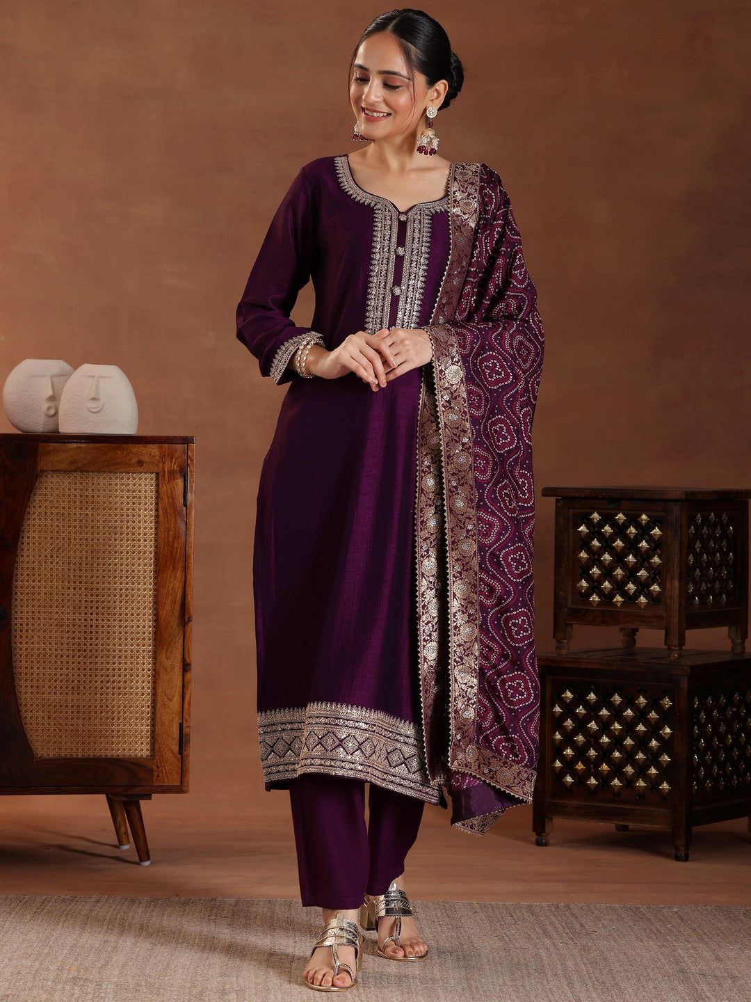 Wine Embroidered Silk Blend Straight Suit With Dupatta