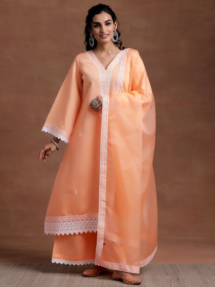 Peach Embroidered Silk Blend A-Line Kurta With Palazzos & Dupatta