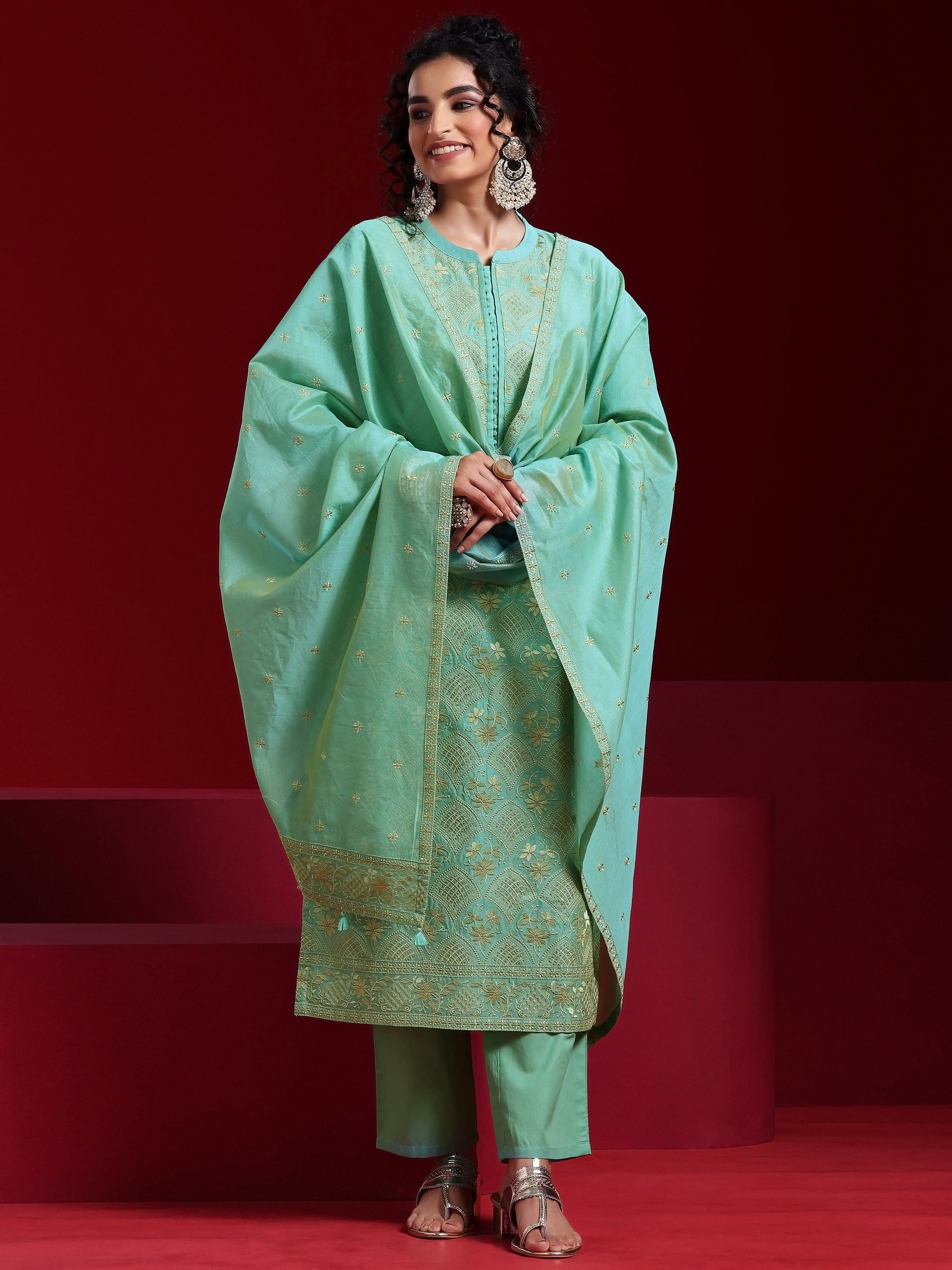 Sea Green Embroidered Chanderi Silk Suit Set