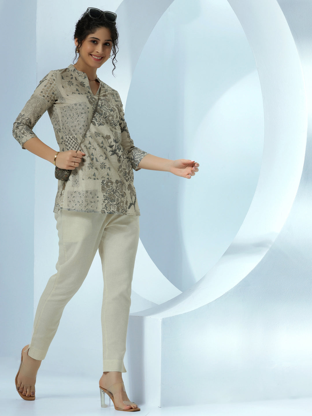 Off White Printed Cotton Blend Straight Kurti