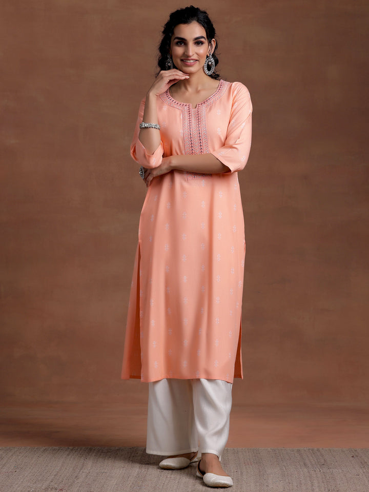 Peach Woven Design Cotton Straight Kurta