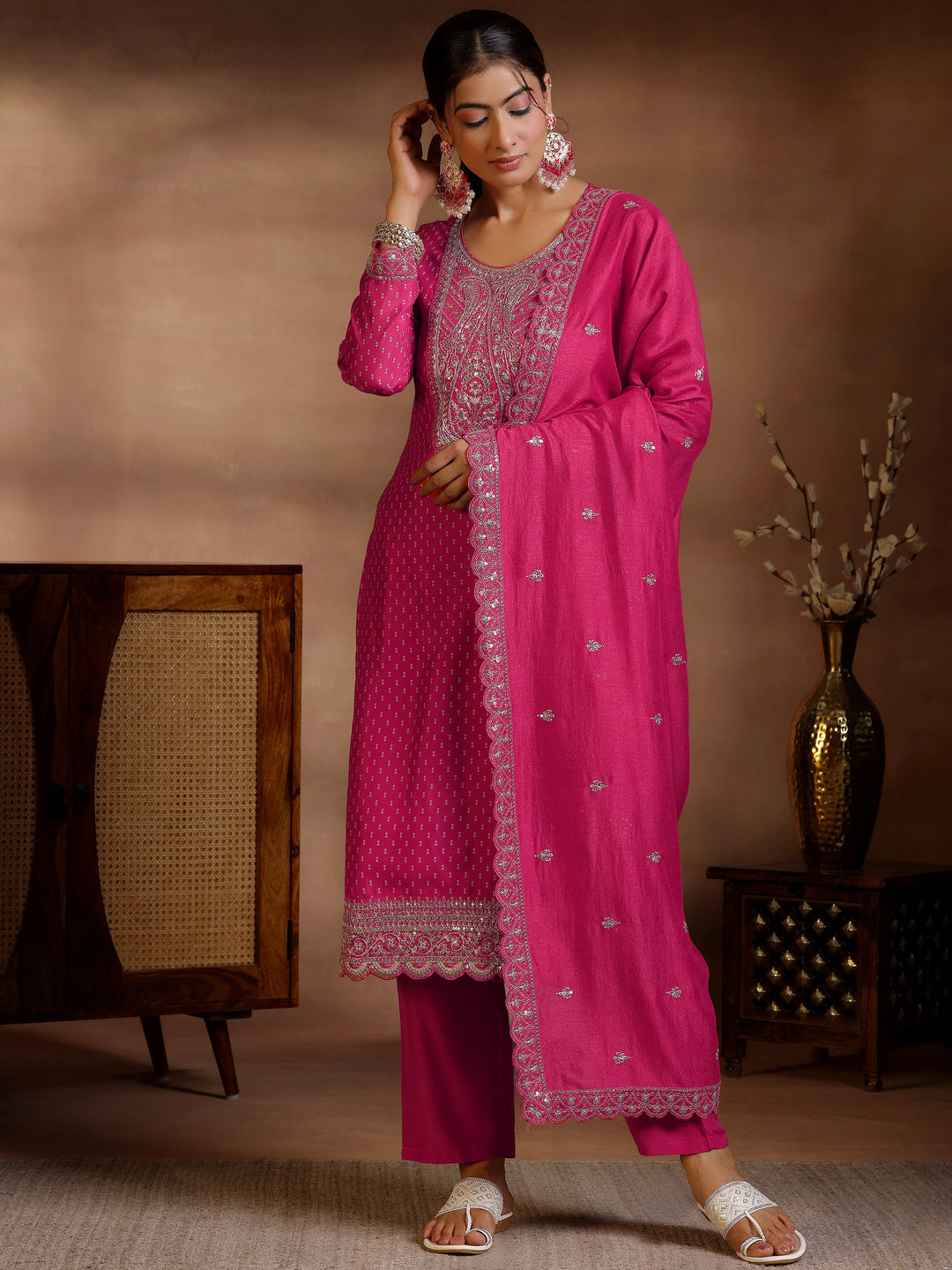 Pink Printed Silk Blend Straight Suit With Dupatta