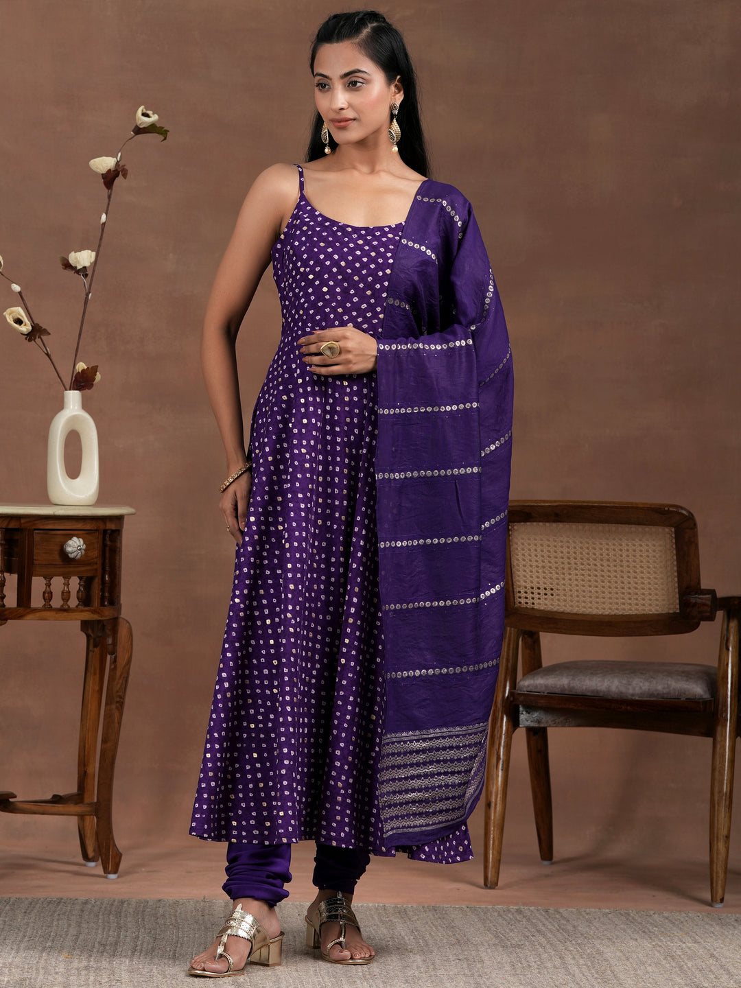 Purple Printed Rayon Anarkali Suit With Dupatta