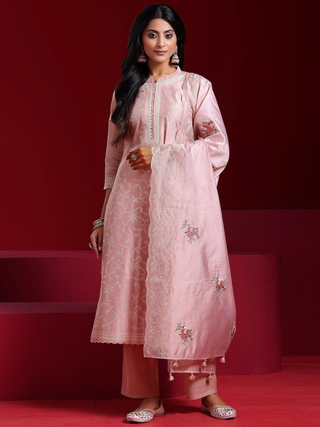 Libas Art Pink Embroidered Chanderi Silk Straight Suit With Dupatta
