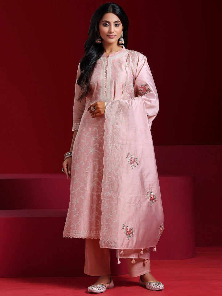 Libas Art Pink Embroidered Chanderi Silk Straight Suit With Dupatta