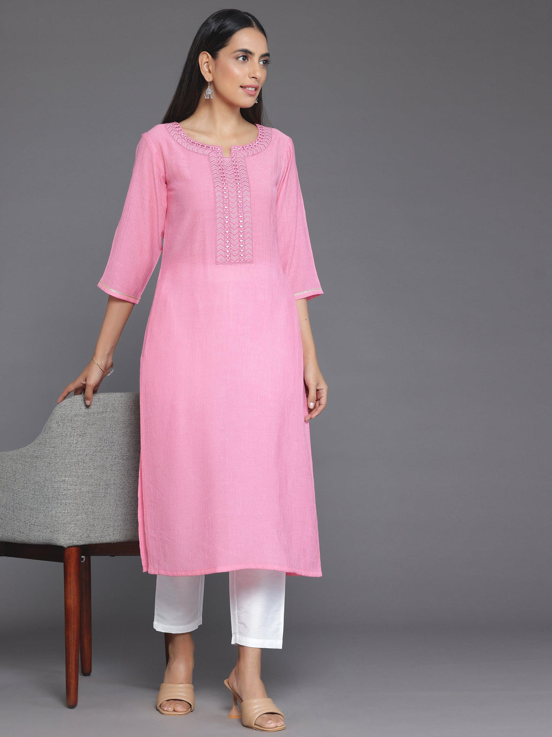 Pink Yoke Design Cotton Straight Kurta
