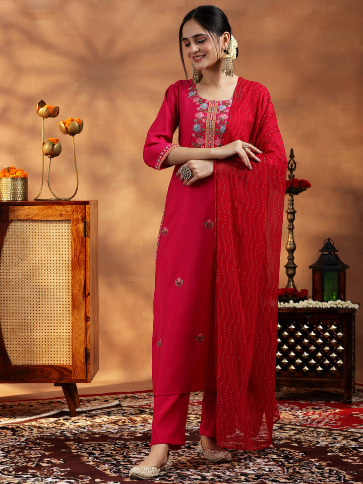 Pink Embroidered Silk Blend Straight Suit With Dupatta