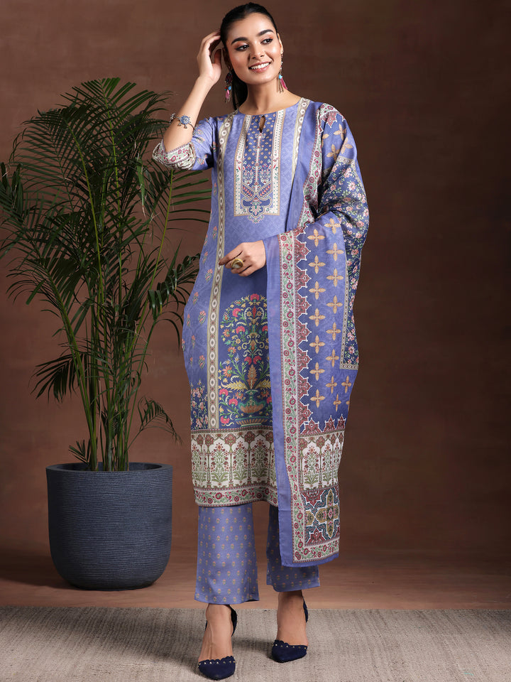 Purple Printed Poly Crepe Straight Suit With Dupatta