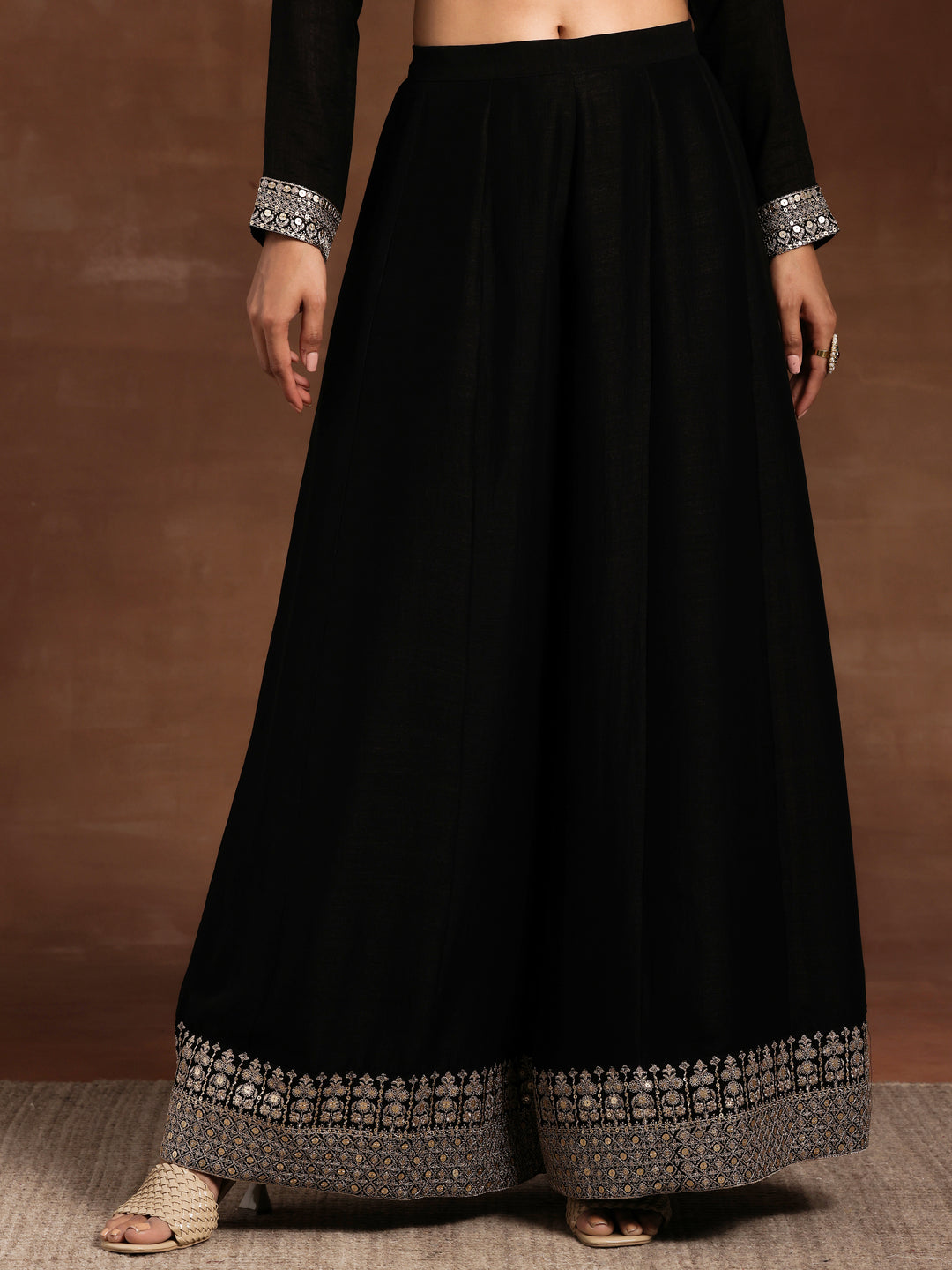 Black Embroidered Silk Blend Straight Suit With Dupatta