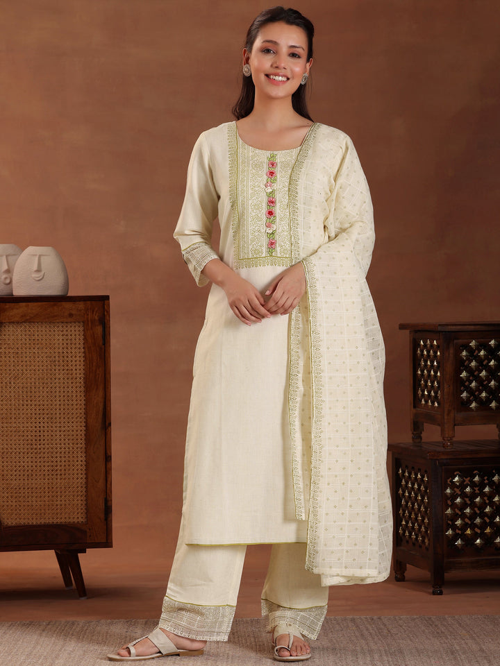 Off White Yoke Design Cotton Straight Suit With Dupatta