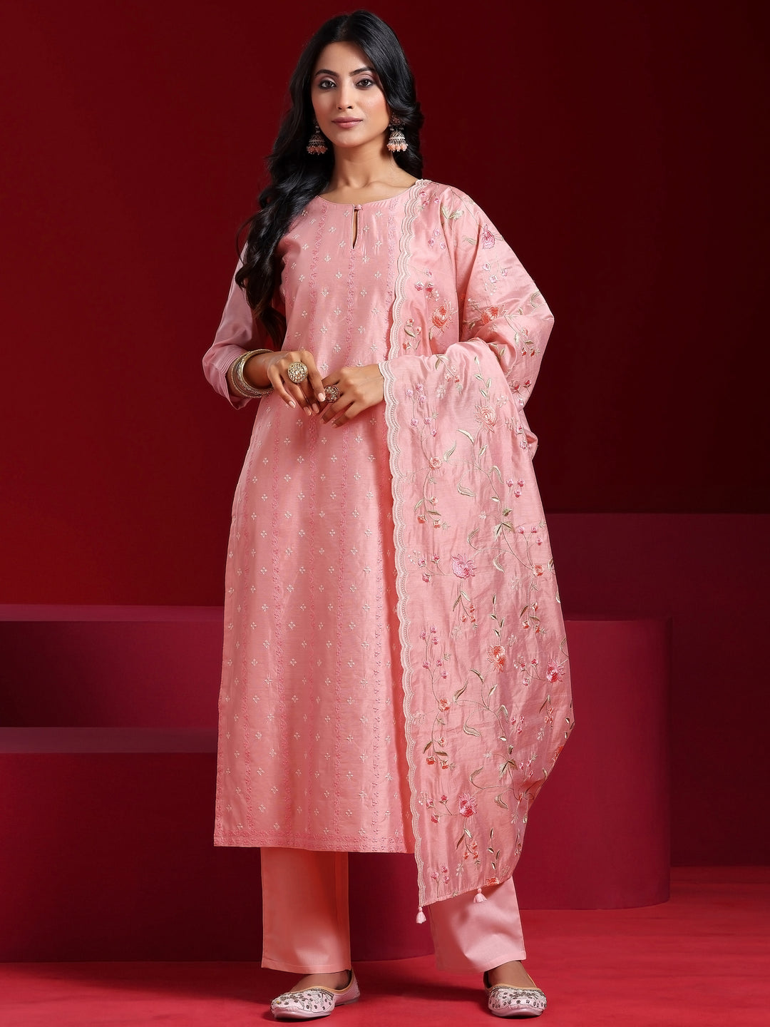 Libas Art Pink Embroidered Chanderi Silk Straight Suit With Dupatta
