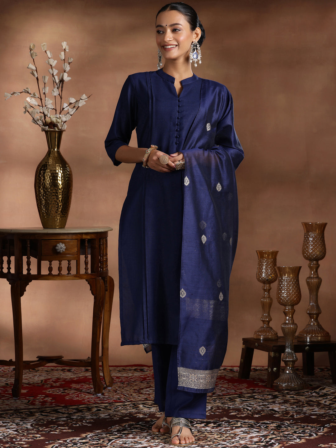 Navy Blue Solid Cotton Blend Straight Suit With Dupatta
