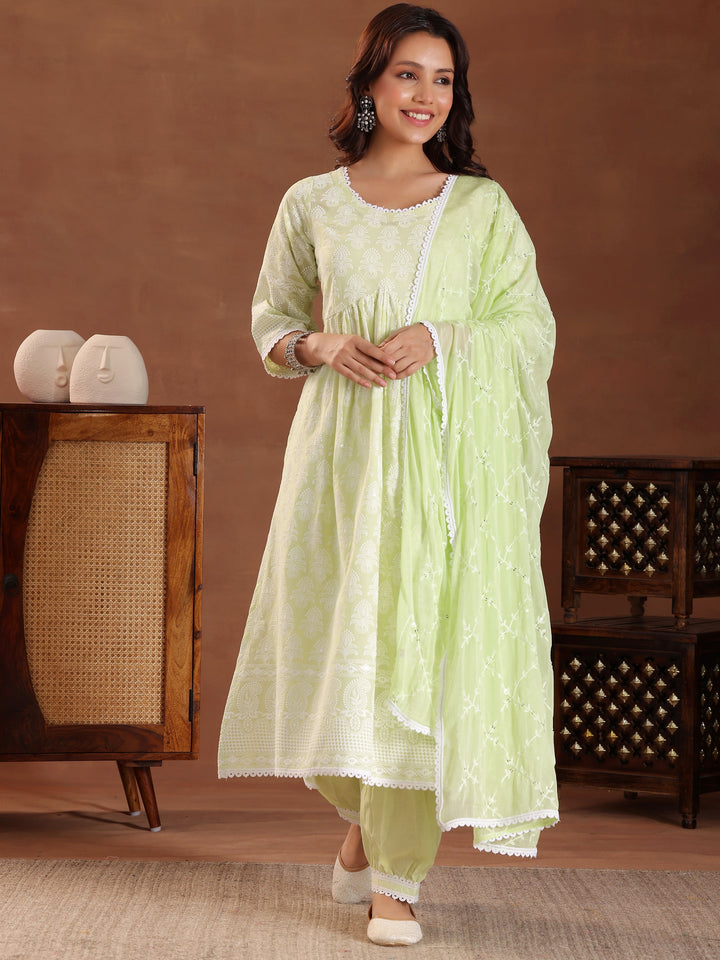 Green Embroidered Pure Cotton A-Line Kurta With Salwar & Dupatta