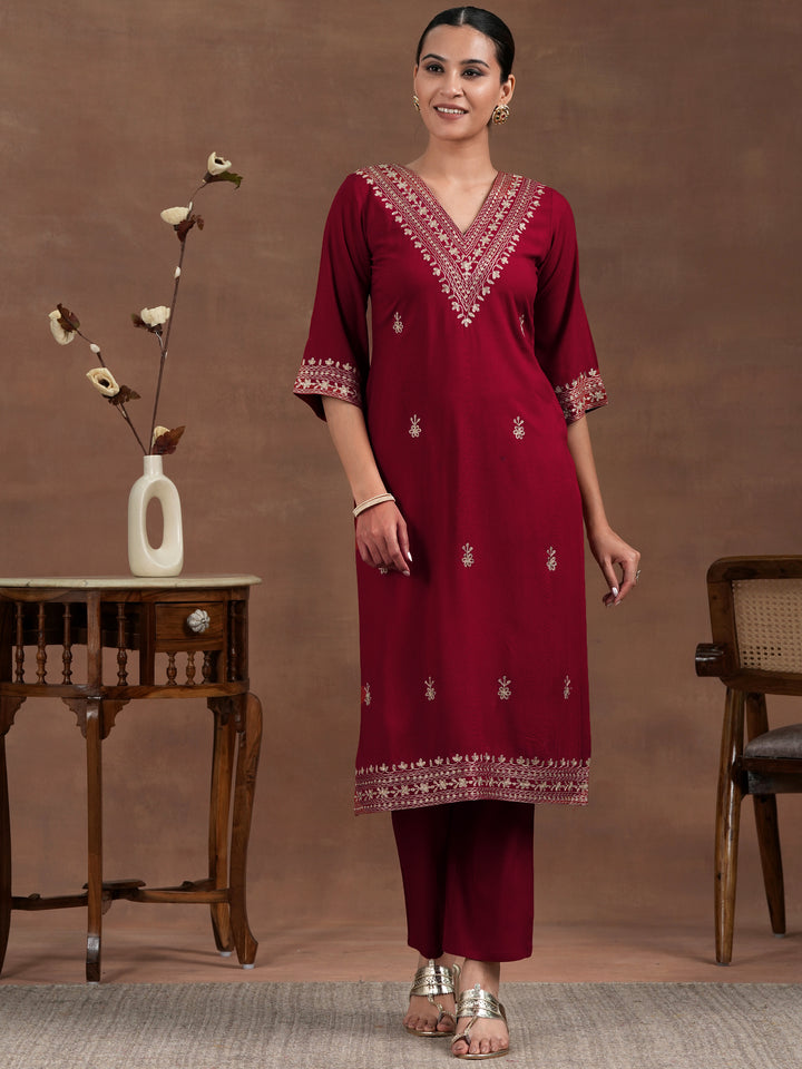 Red Embroidered Rayon Straight Kurta Set