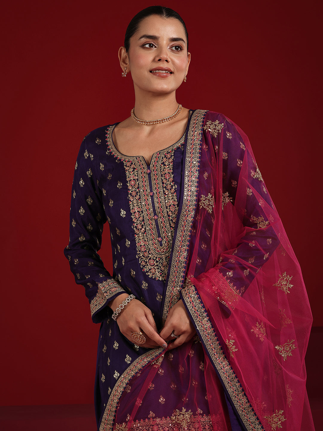 Libas Art Purple Embroidered Silk Blend Straight Suit Set With Dupatta