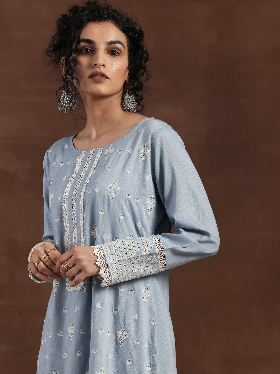 Blue Embroidered Silk Blend Straight Suit With Dupatta