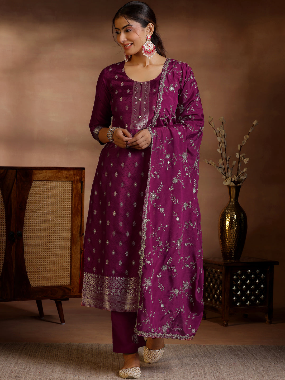 Burgundy Woven Design Silk Blend Straight Suit With Dupatta
