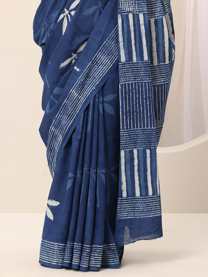 Indigo Printed Cotton Saree With Unstitched Blouse Piece