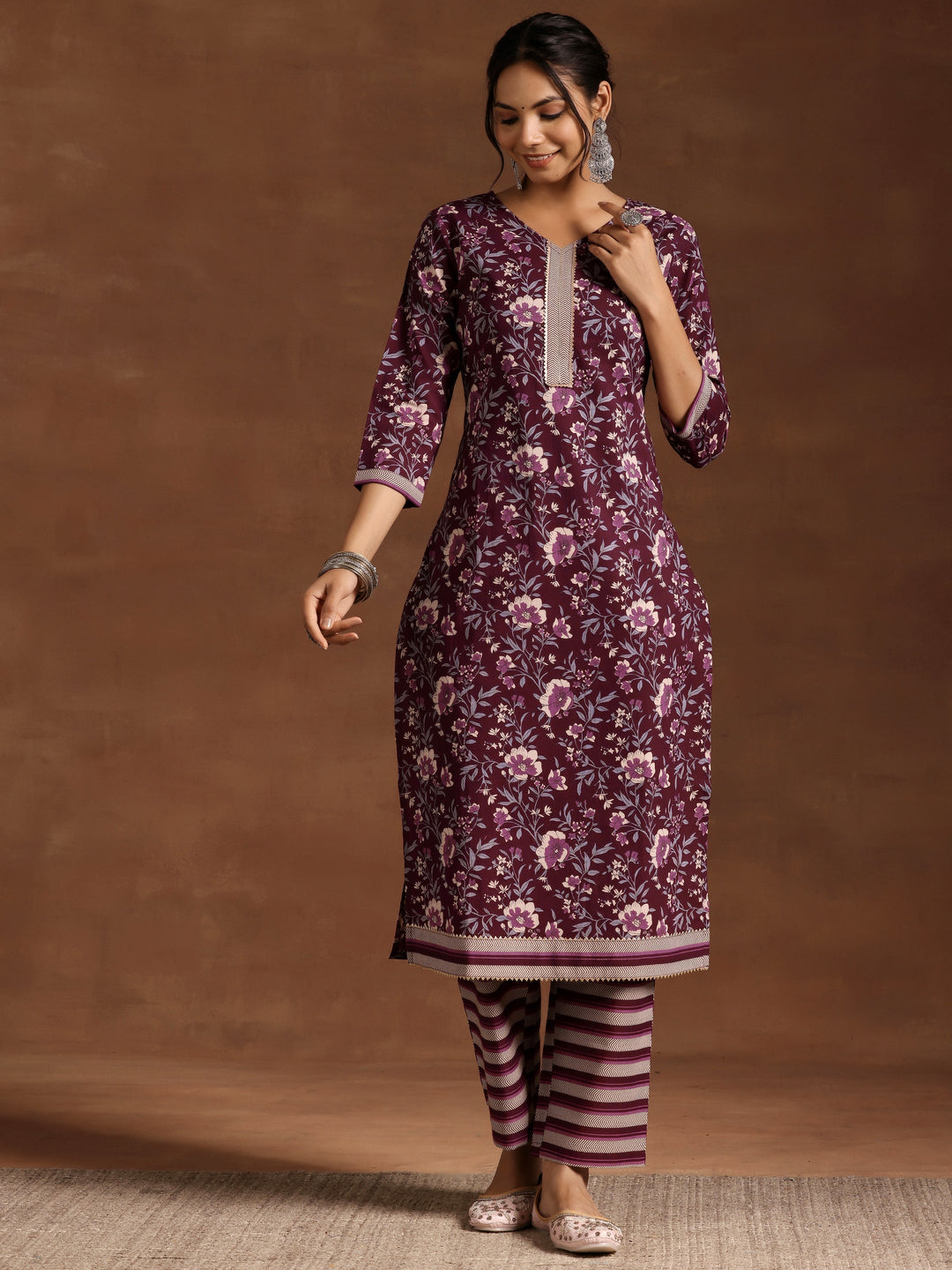 Wine Printed Cotton Straight Kurta Set